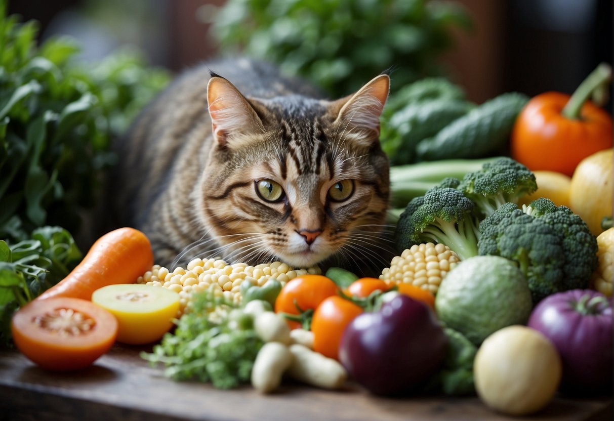 A cat happily munches on a variety of colorful vegetables, showcasing the nutritional benefits of a vegetable-rich diet for feline friends