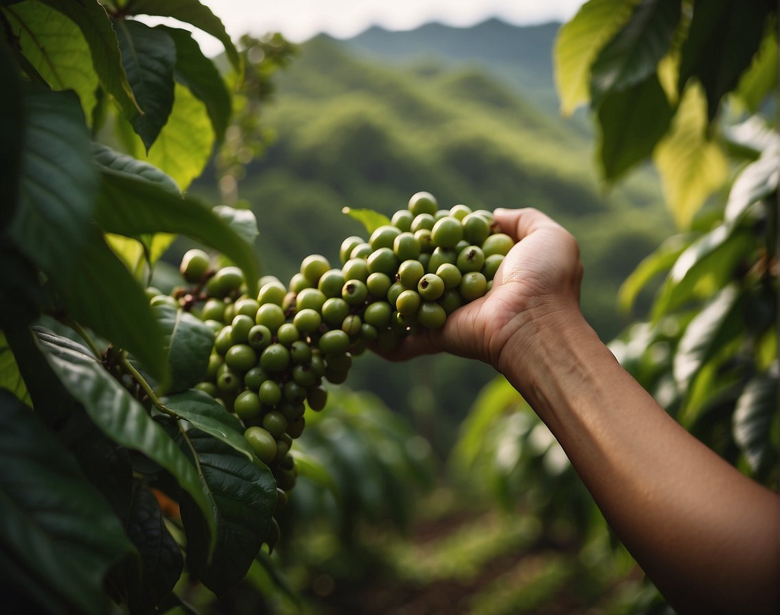 Lush green mountains, dotted with coffee plantations. Sunlight filters through the leaves, illuminating the ripe coffee cherries. A farmer carefully handpicks the best beans