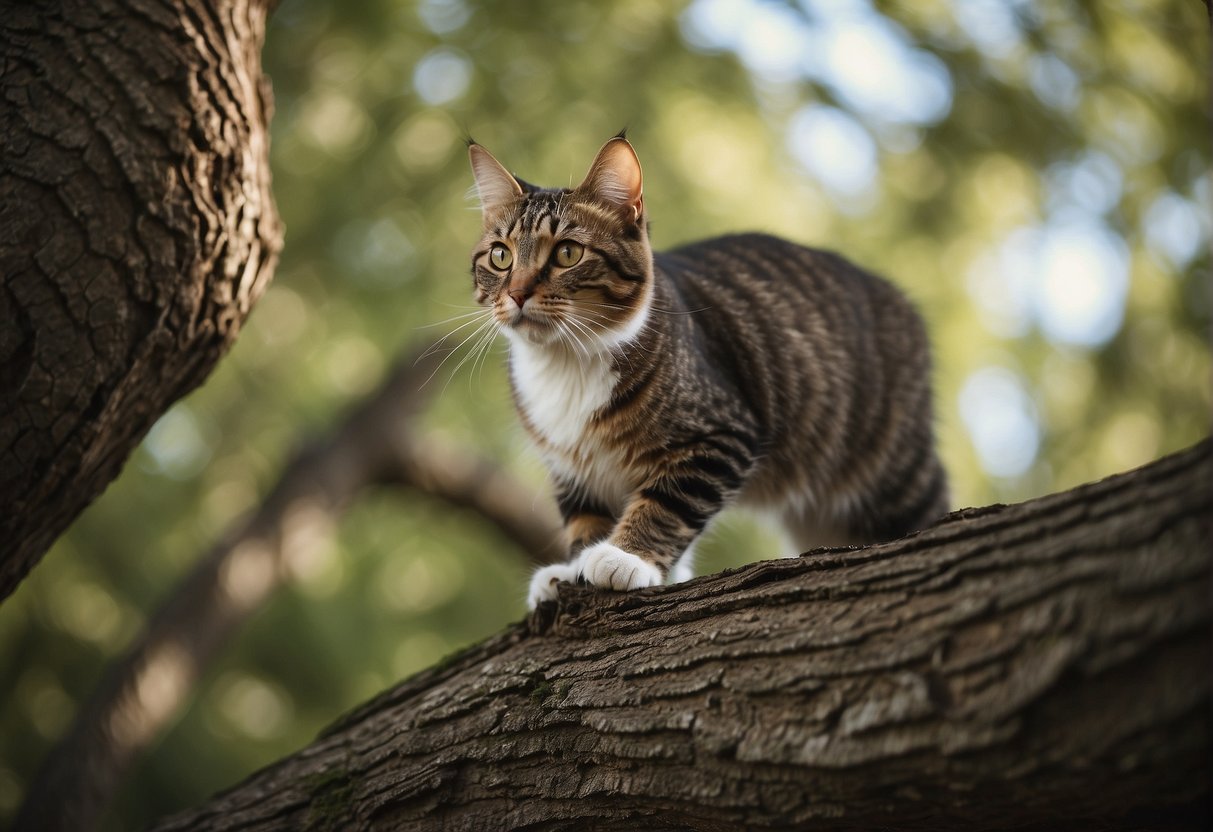 A cat gracefully descends a tall tree, using its agile paws and sharp claws to carefully maneuver down the trunk