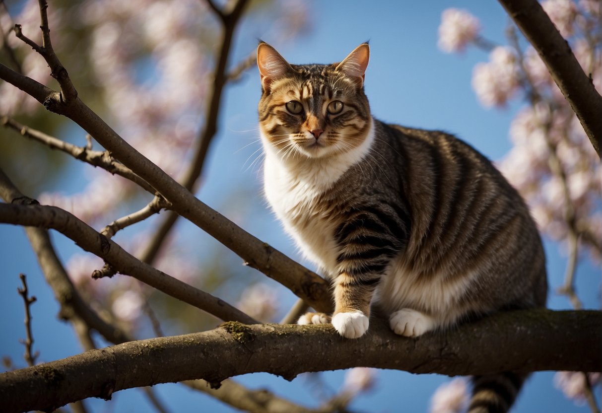 A cat perched on a tall tree branch, confidently looking down