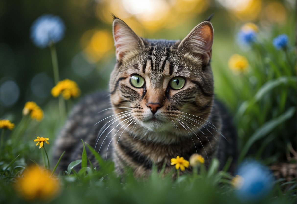 A cat with vibrant green eyes stares at a colorful array of objects, including various shades of blue, yellow, and gray, while surrounded by a lush green landscape