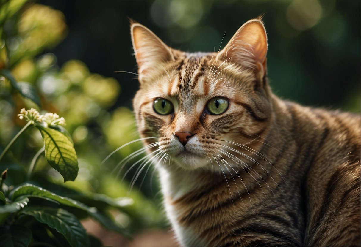A cat with vibrant green eyes gazing at a garden filled with rich, earthy tones of green, brown, and yellow