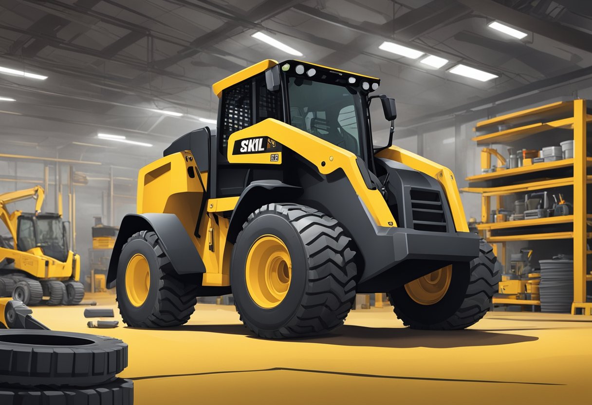 A skid steer sits in a mechanic's shop, surrounded by tools and equipment. Its sleek yellow body and rugged tires stand out against the industrial setting