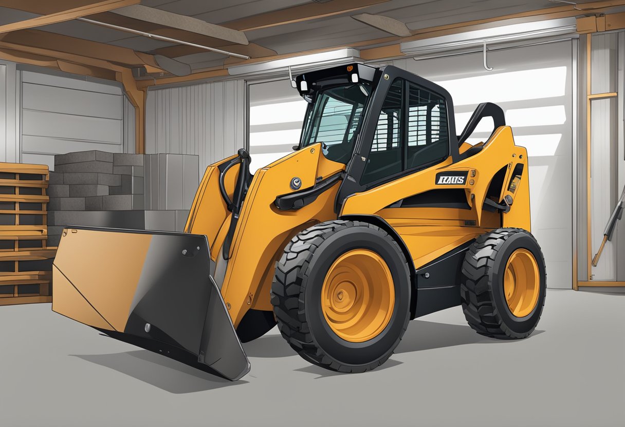 A skid steer parked in a garage with a title document on the dashboard