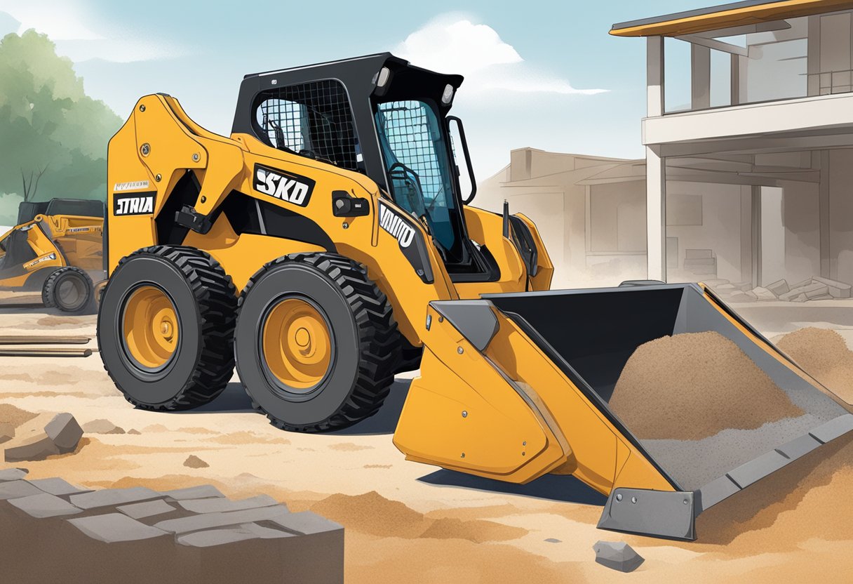 A skid steer parked in a construction yard with maintenance tools nearby