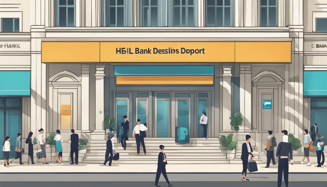 A bank building with a prominent sign displaying "HL Bank Fixed Deposit Singapore." Customers are seen entering and leaving the bank, indicating a bustling and active environment