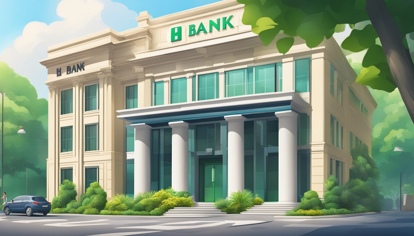 A bank building with a prominent HL Bank sign, surrounded by lush greenery, and a fixed deposit promotion displayed on a digital screen
