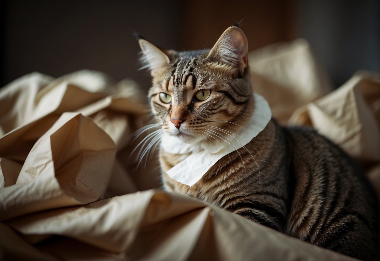 A cat perches on crumpled paper, eyes closed in contentment, tail curled around its body