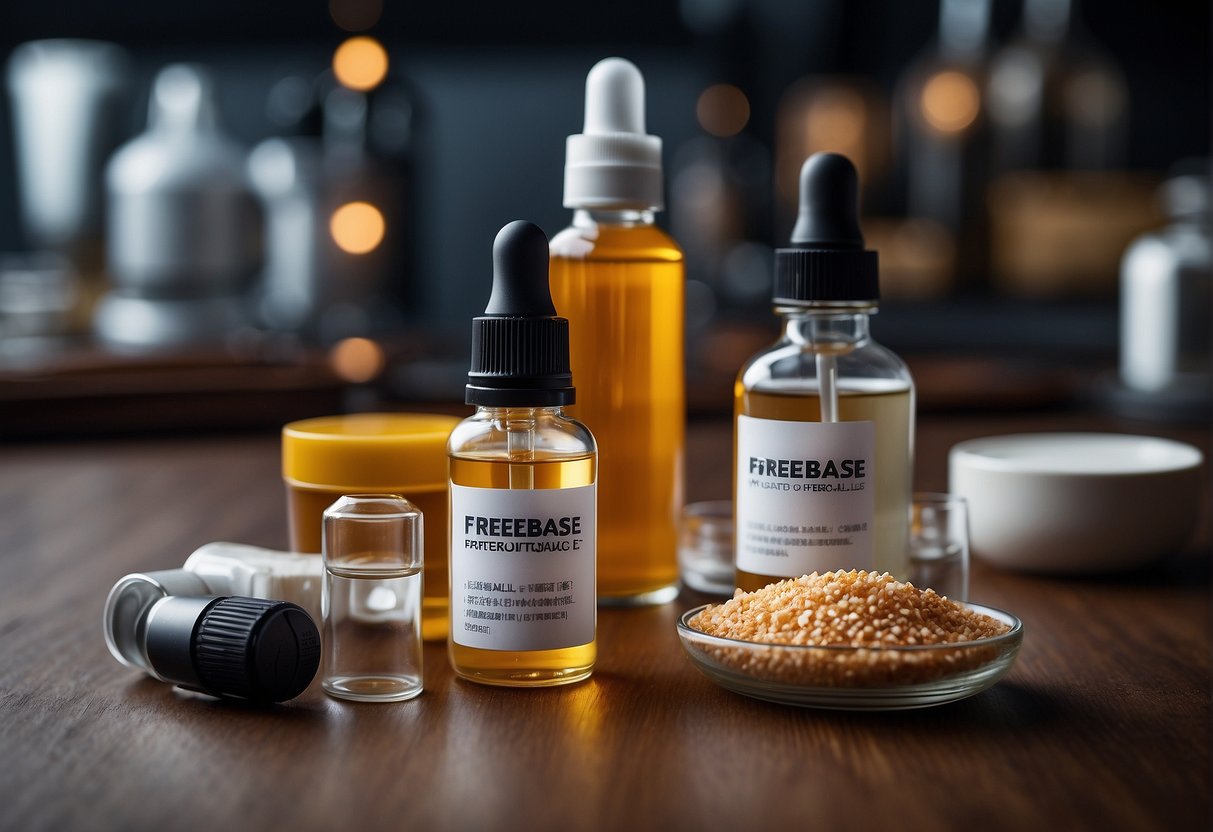 A table with two containers labeled "Freebase" and "Nicotine Salts." Vape devices and bottles of e-liquid surround them. Illustrate the chemical structures of each nicotine type