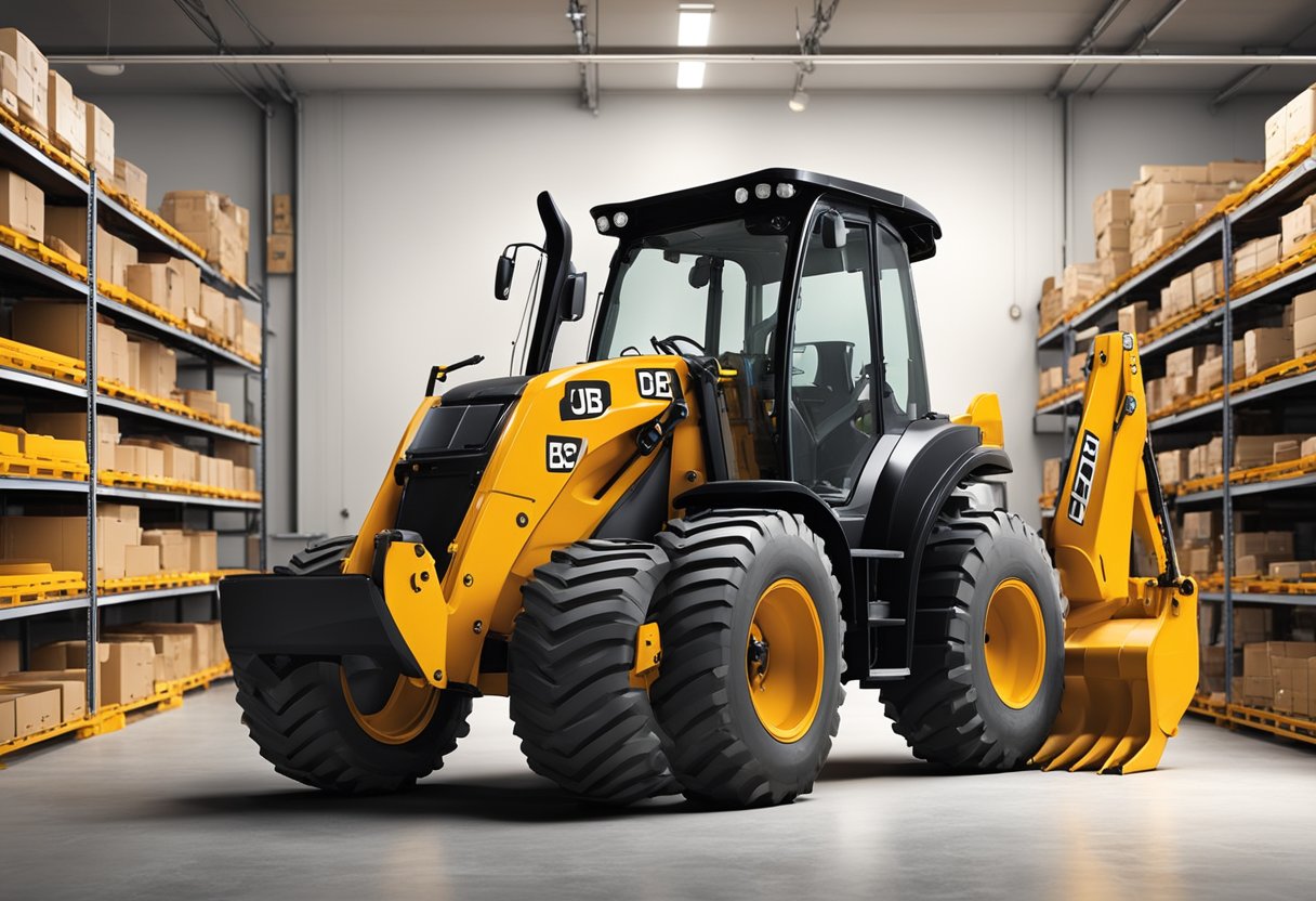 The JCB 214 backhoe parts are neatly organized on shelves in a well-lit warehouse, with various components such as hydraulic cylinders, buckets, and tires displayed