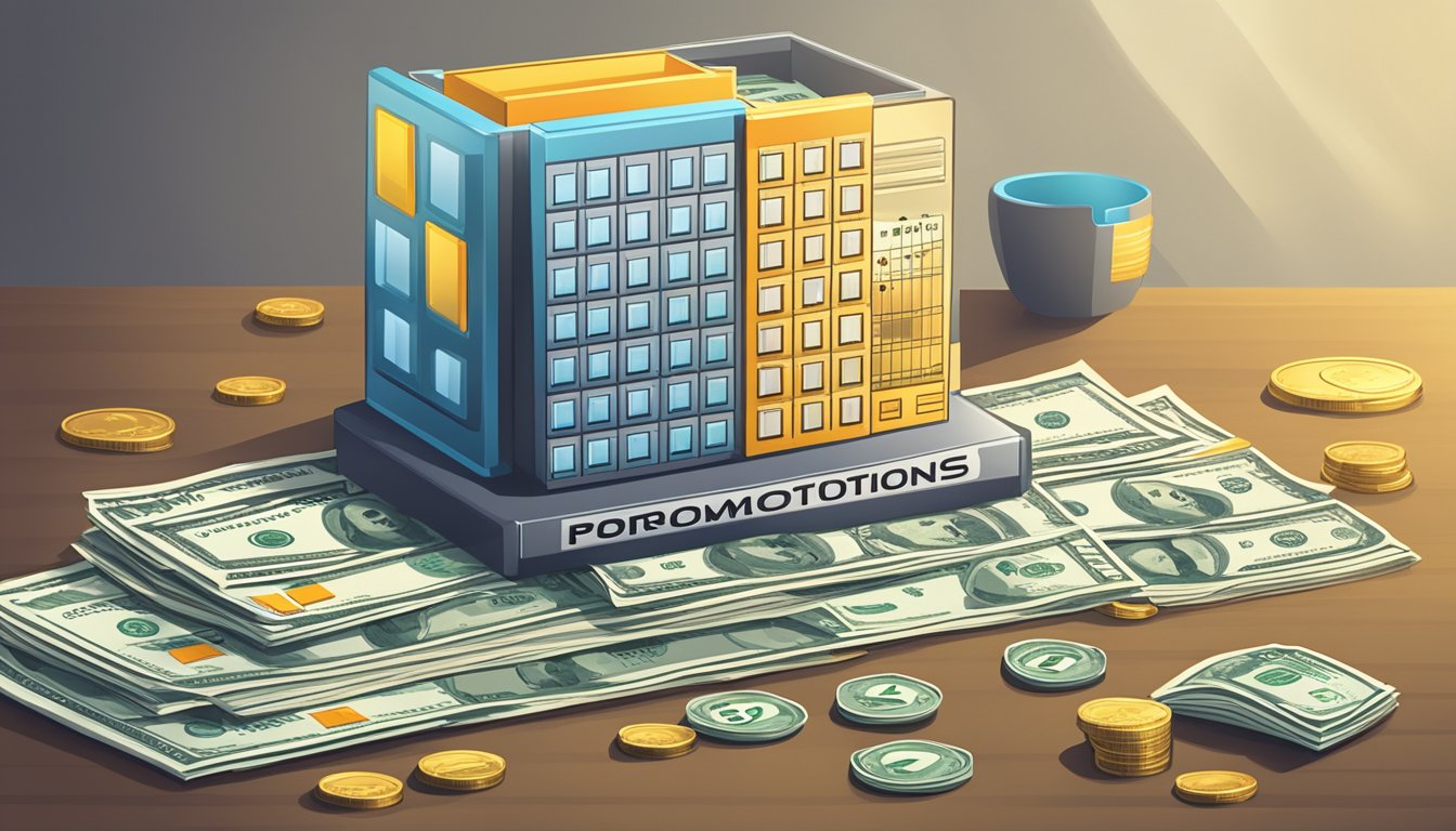 A bank logo prominently displayed with words "Promotions and Additional Benefits" next to a stack of money and a calendar, symbolizing the perks of a fixed deposit account