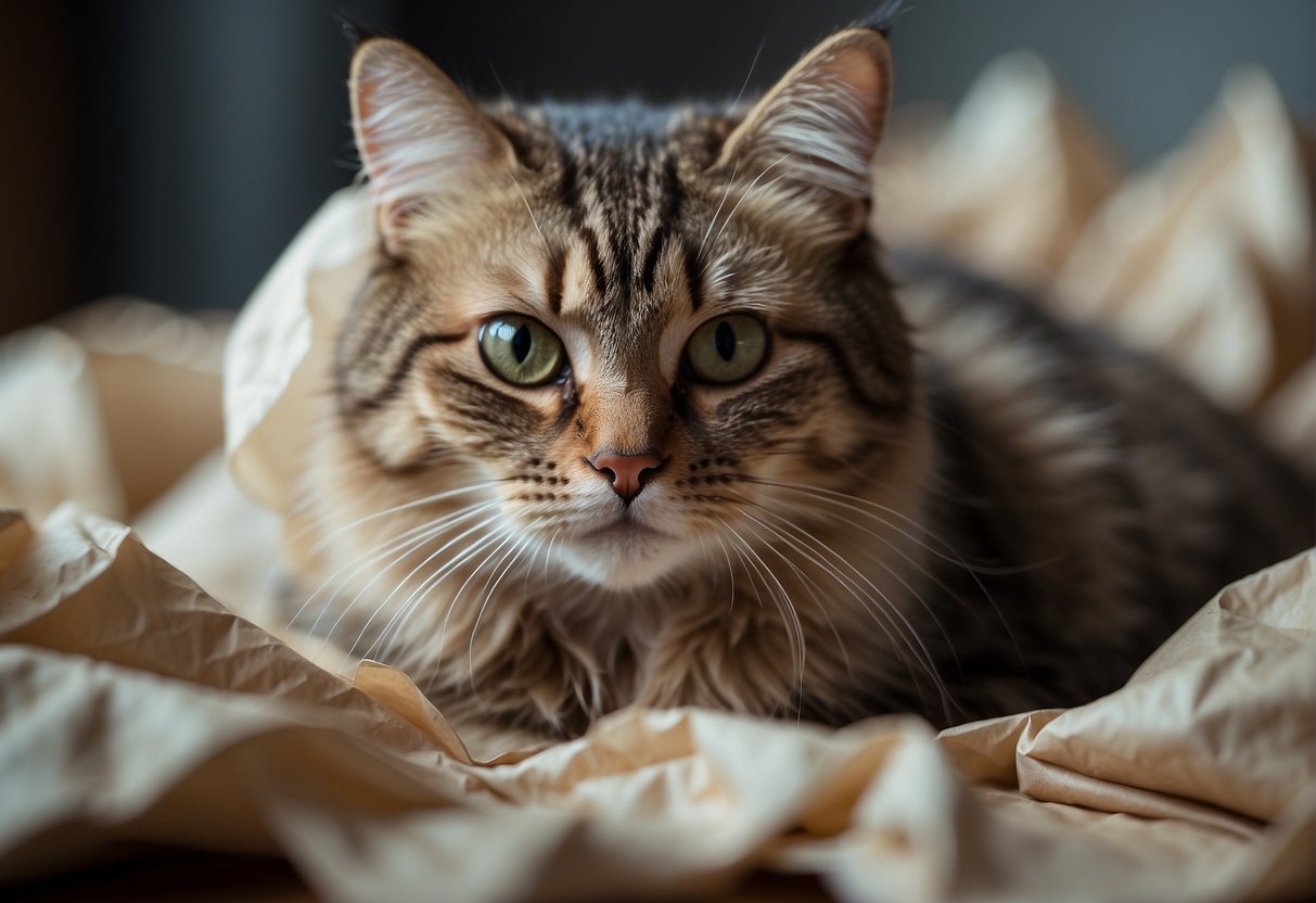 A cat sitting on crumpled paper, batting at it with its paw and curling up to rest on top