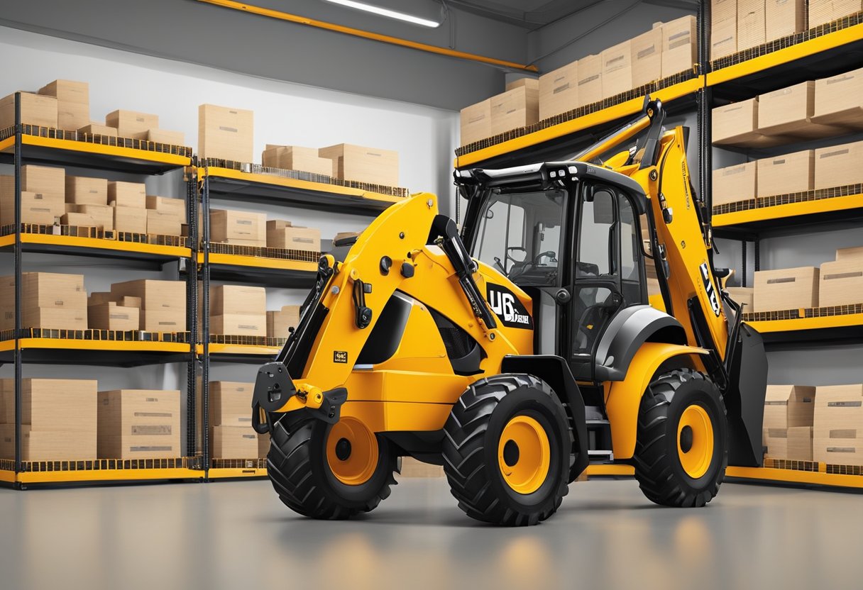 The JCB 214 backhoe parts are neatly organized on shelves, with labels and diagrams for easy identification. The workshop is well-lit and spacious, with a sense of order and efficiency