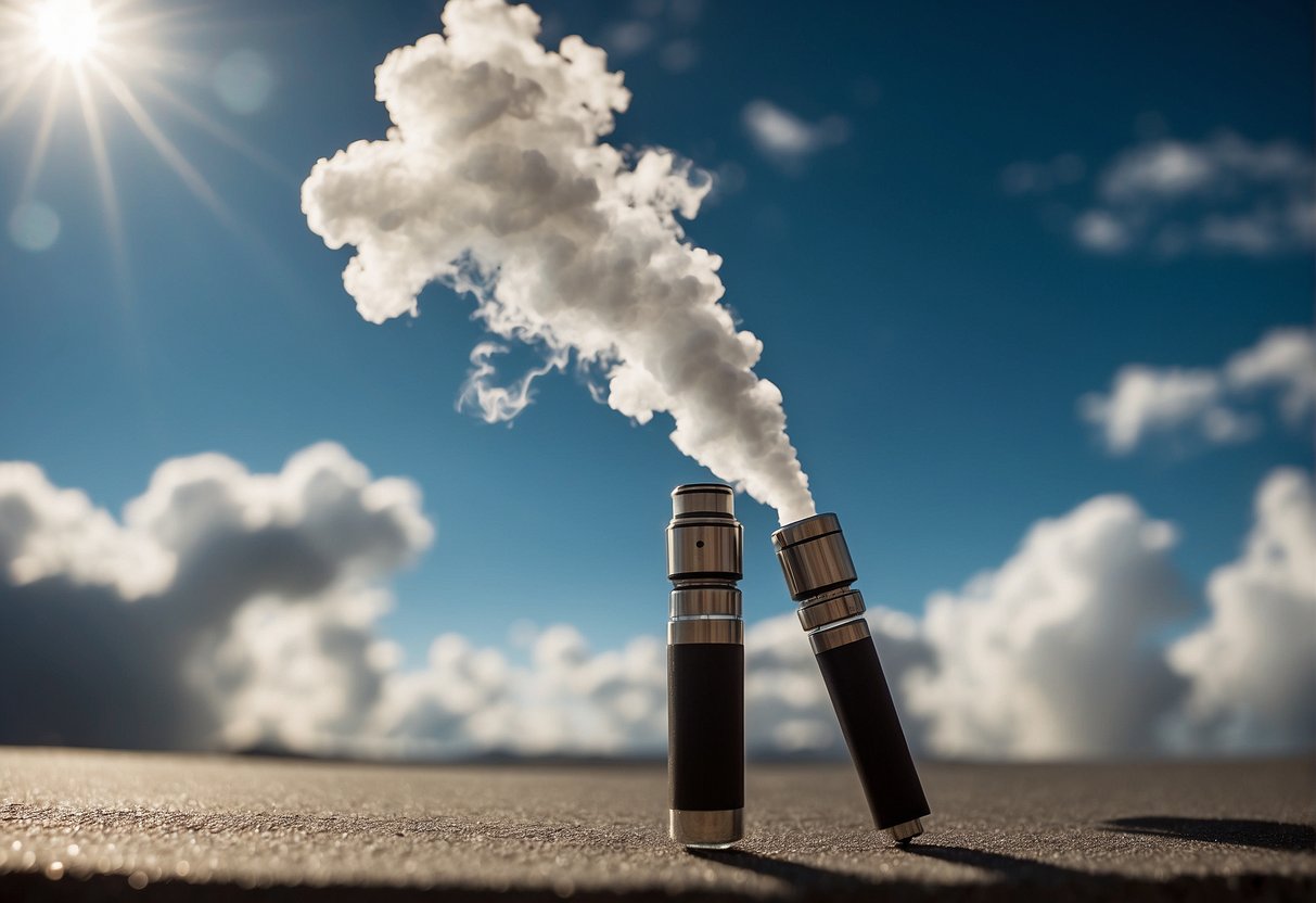 Two vaping devices face off, one emitting powerful clouds while the other produces a more concentrated stream. The scene illustrates the difference between freebase nicotine and salt nicotine in vaping