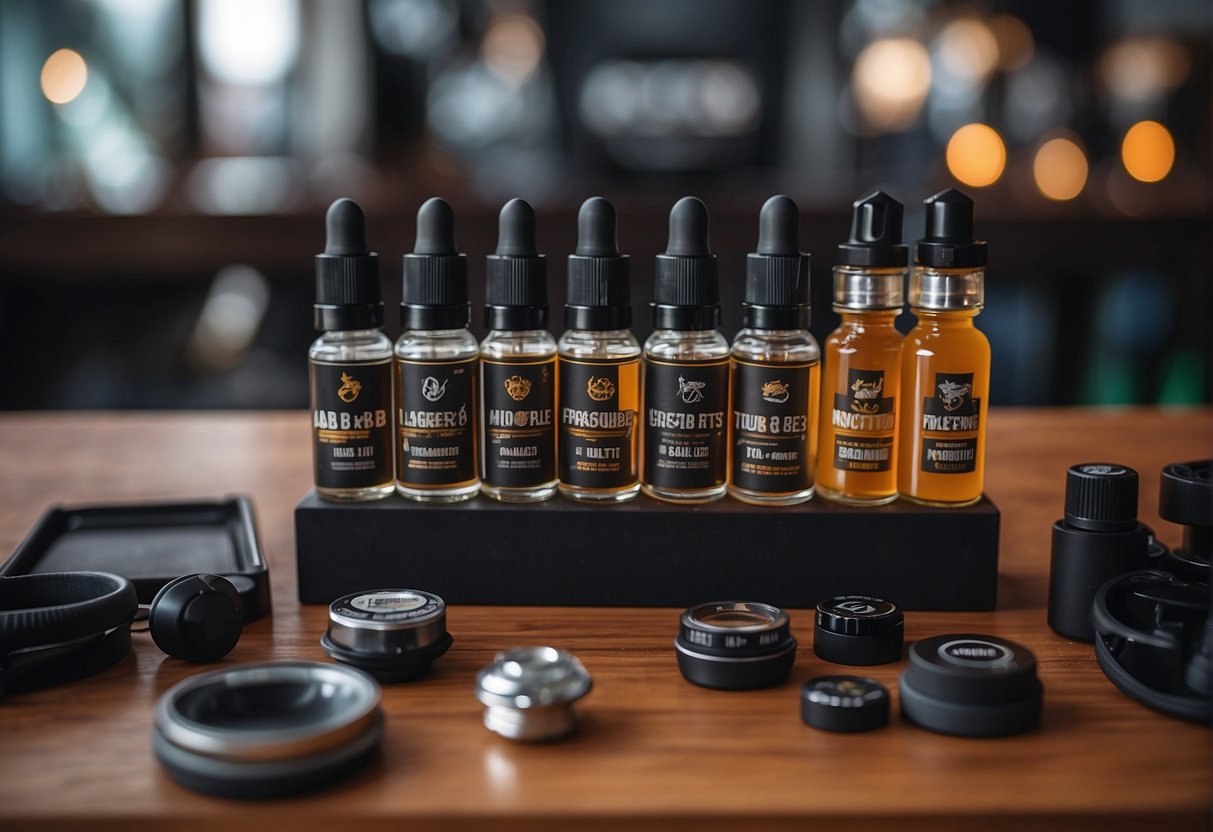 A table displays various vaping gear: mods, pods, and e-liquids. A sign explains the difference between freebase and salt nicotine in vaping