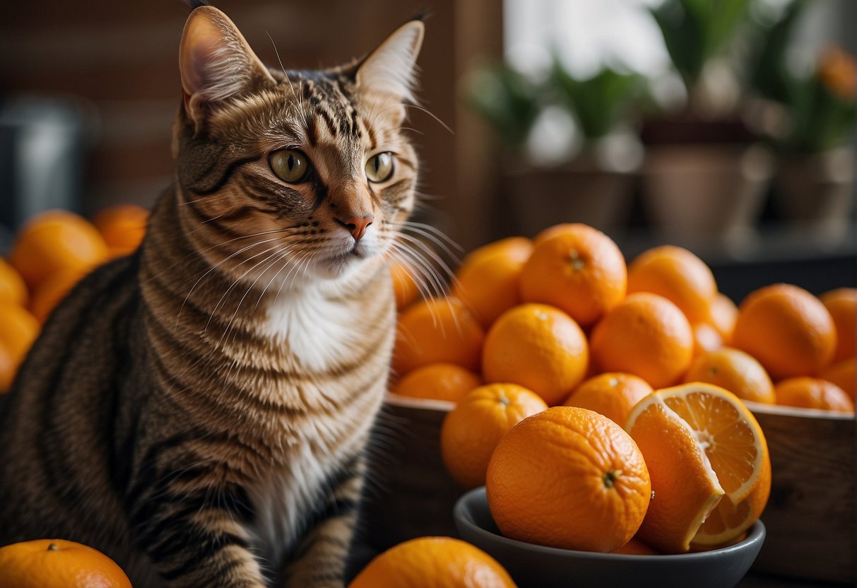 A cat sits next to a bowl of oranges, looking up at a sign that reads "Do cats need vitamin C?"
