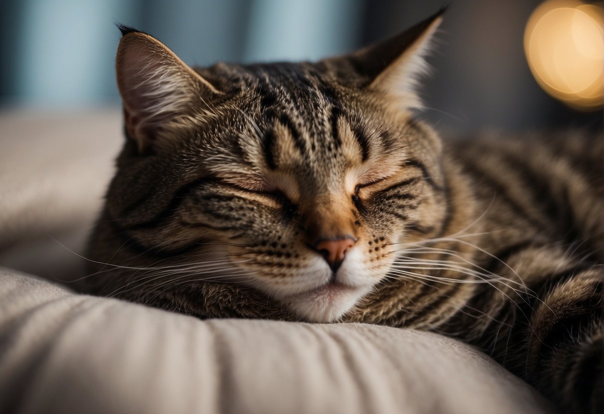 A sleeping cat with closed eyes, curled up on a soft cushion, emitting gentle, rhythmic snores