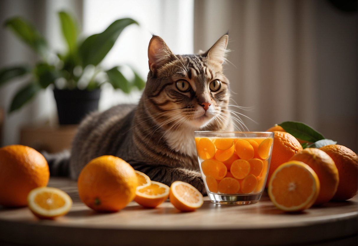 A cat lounges next to a bowl of fresh oranges and a bottle of vitamin C supplements, with a curious expression on its face