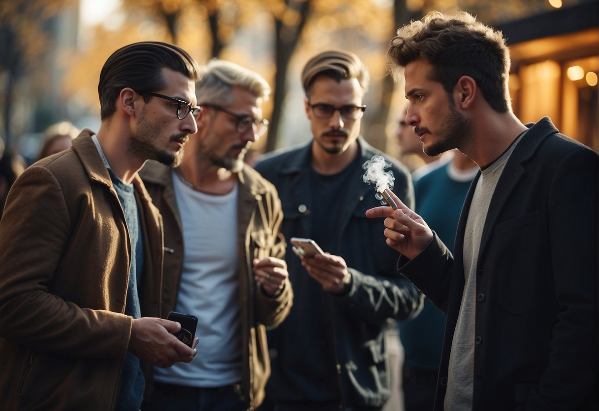 A group of vapers, ranging from beginners to experts, gather around two different types of nicotine - freebase and salt - discussing and comparing their usage in vaping devices
