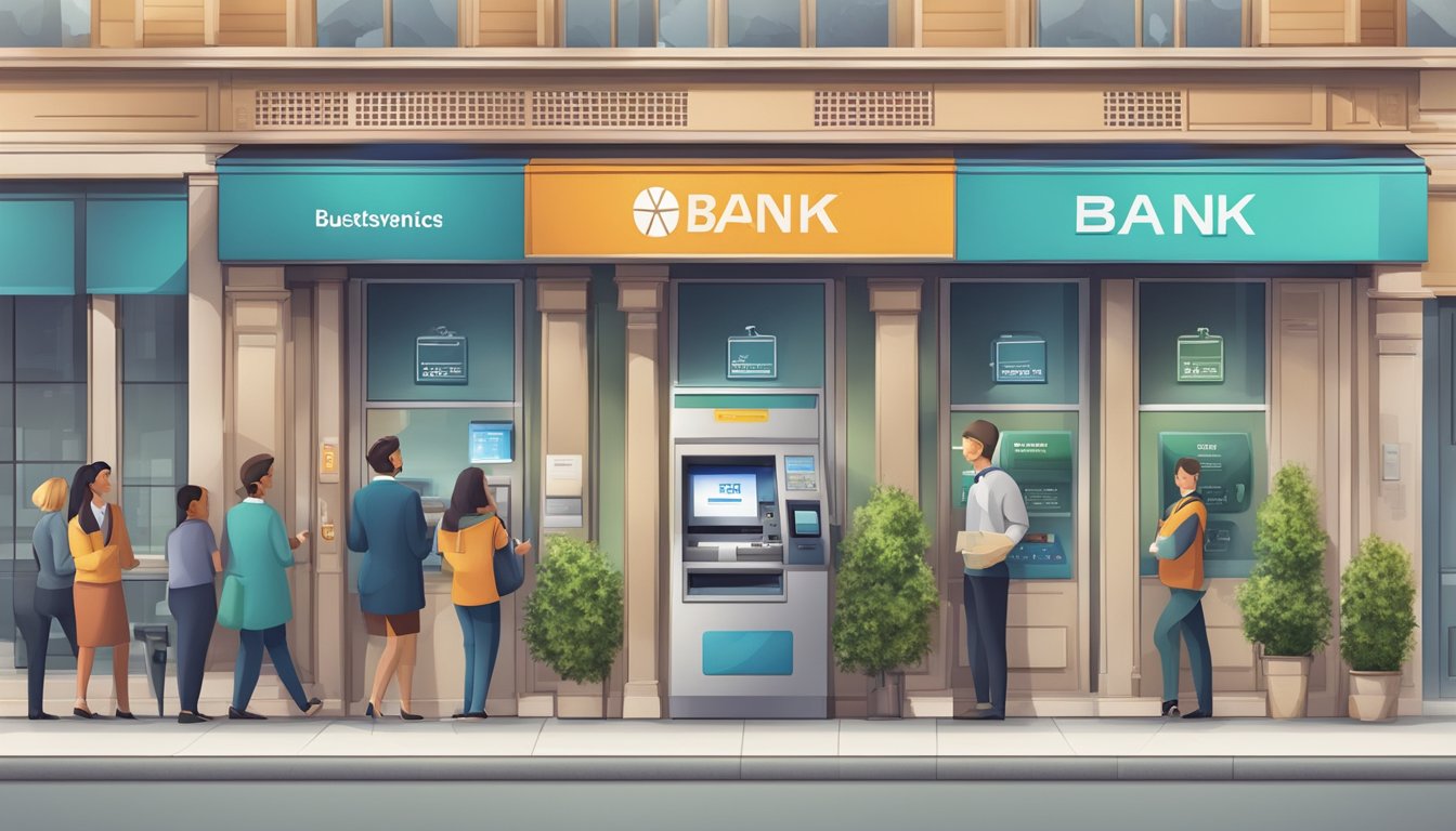 A bustling bank branch with customers at teller windows, an ATM, and signage promoting various banking services and products