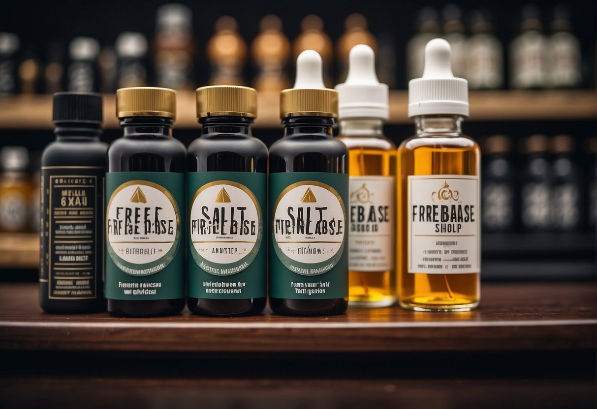 Two bottles labeled "Freebase Nicotine" and "Salt Nicotine" sit side by side on a vape shop shelf. A customer looks at them with a puzzled expression