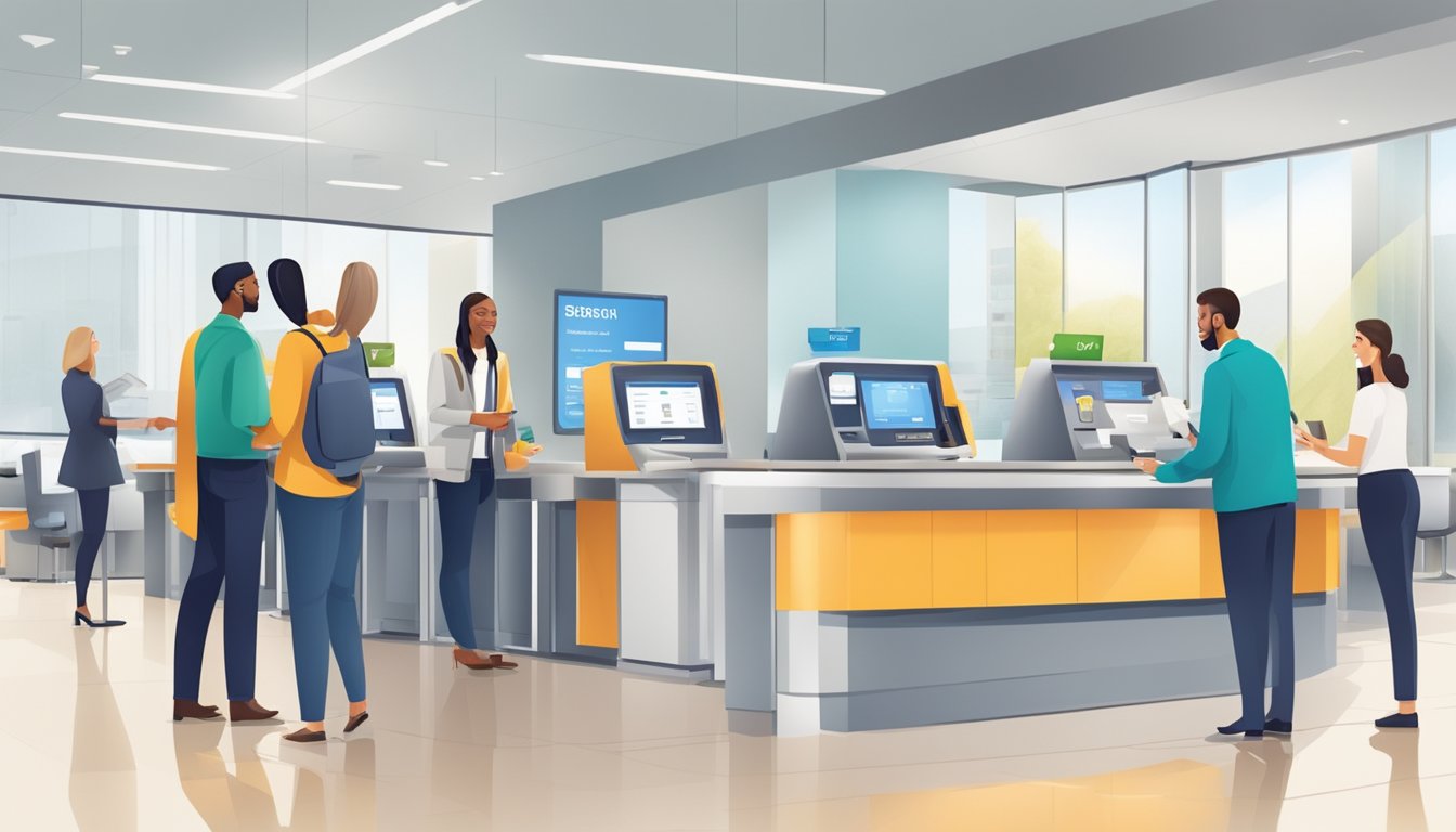 Customers engaging with bank staff at service counters, using self-service machines, and receiving assistance in a modern and welcoming environment