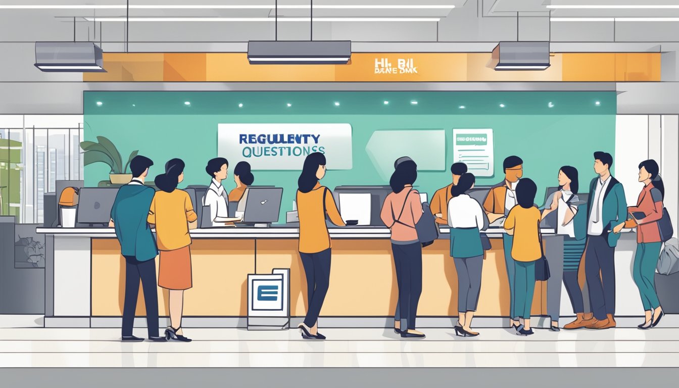 A busy customer service desk with people waiting in line, a sign that reads "Frequently Asked Questions," and the logo of HL Bank Singapore