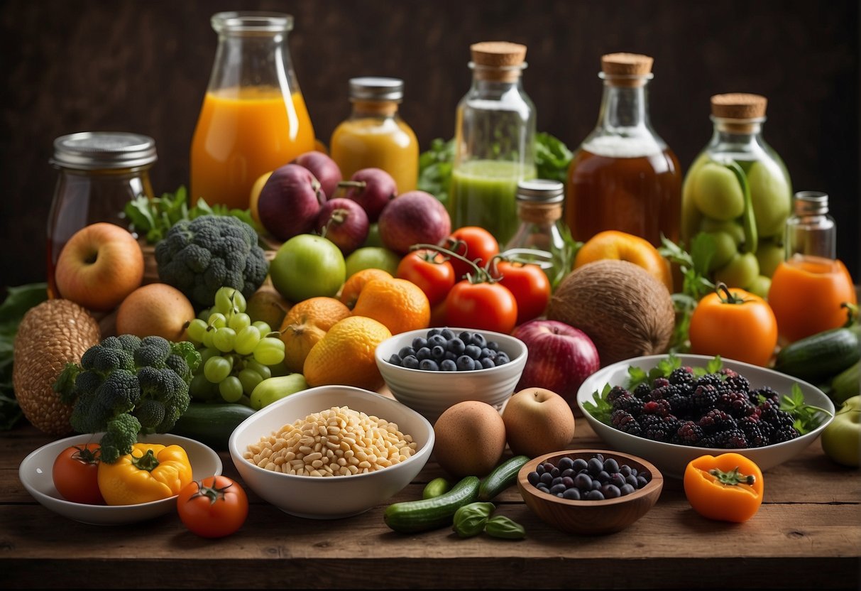 A table with various food items, including fruits and vegetables, surrounded by different packaging options and alternative products