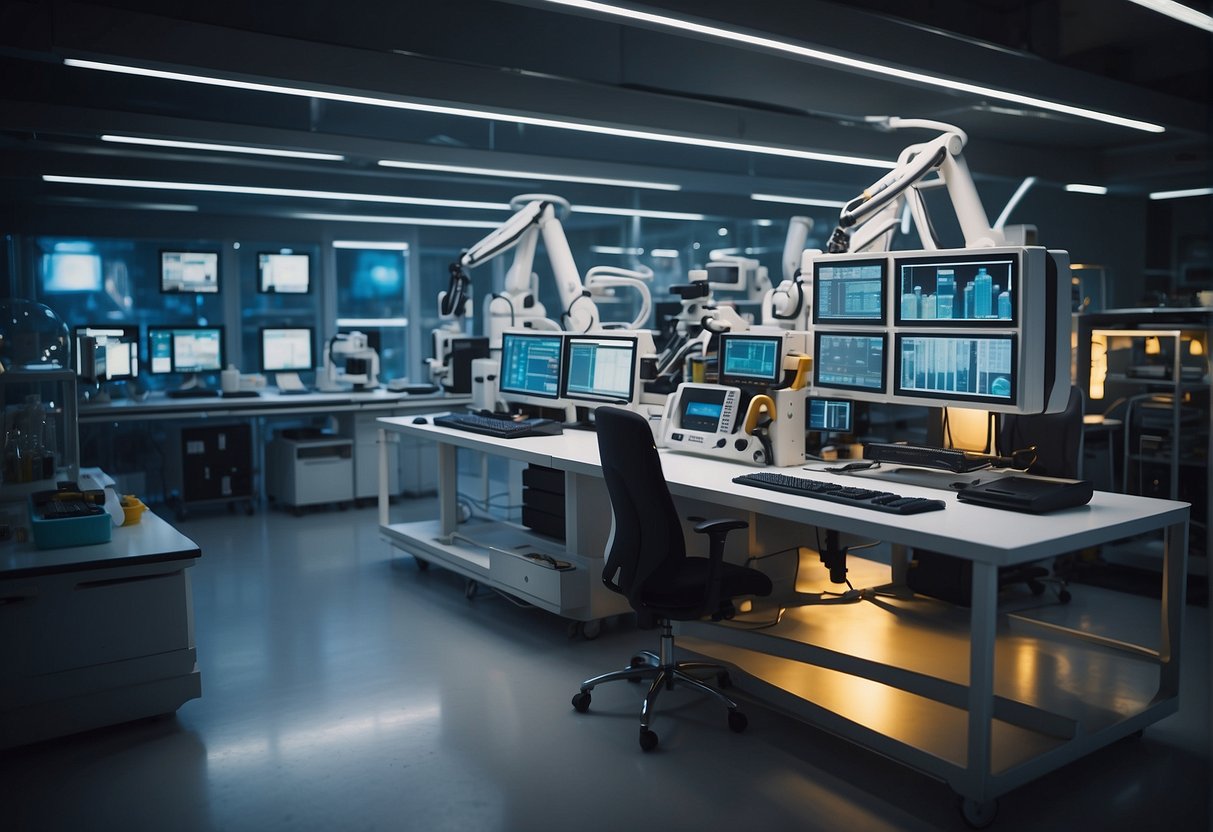 A futuristic laboratory with advanced computer equipment and robotic arms, surrounded by colorful and diverse objects