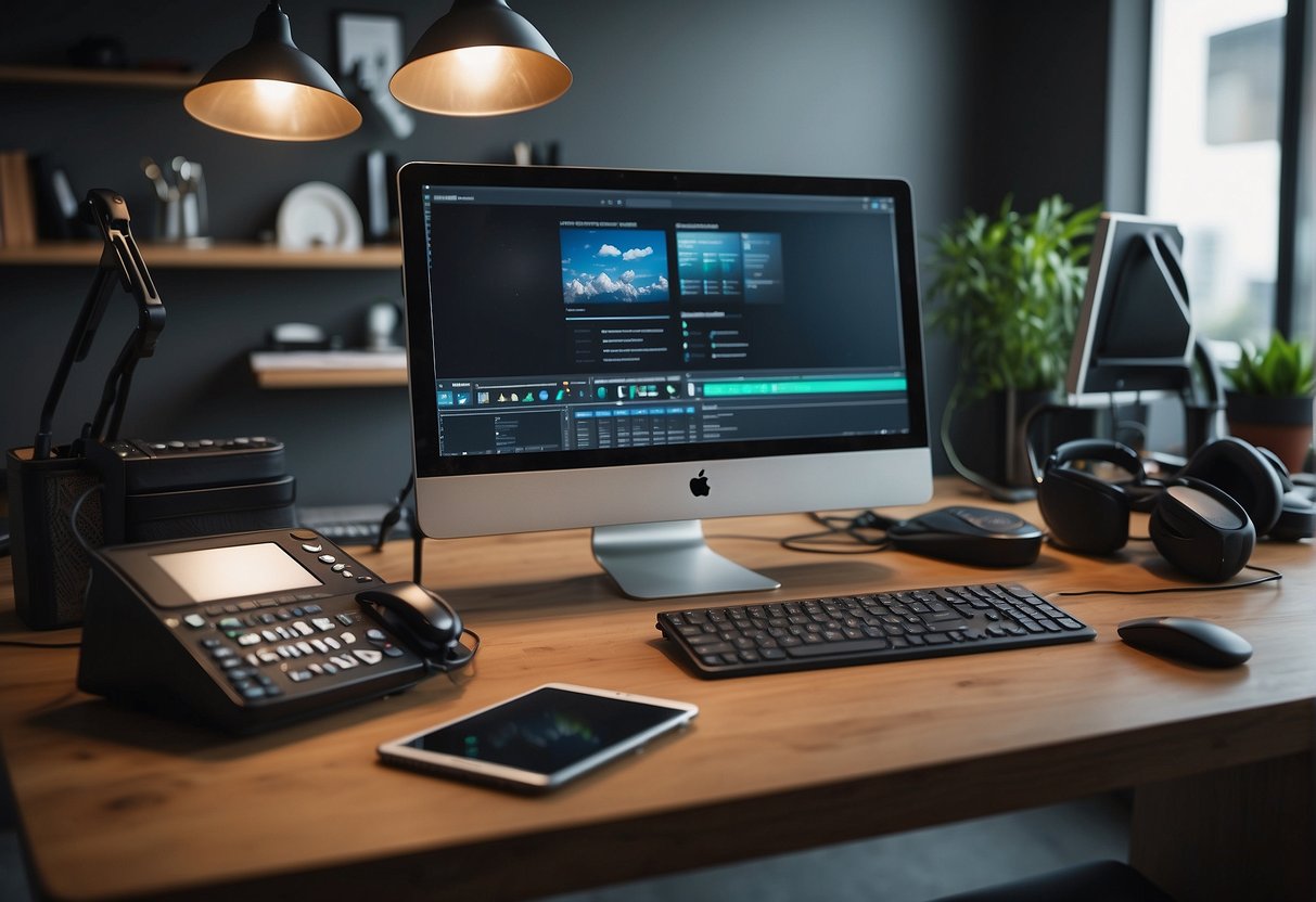 Various devices and tools displayed on a clean, modern desk with a computer monitor showing different applications in use