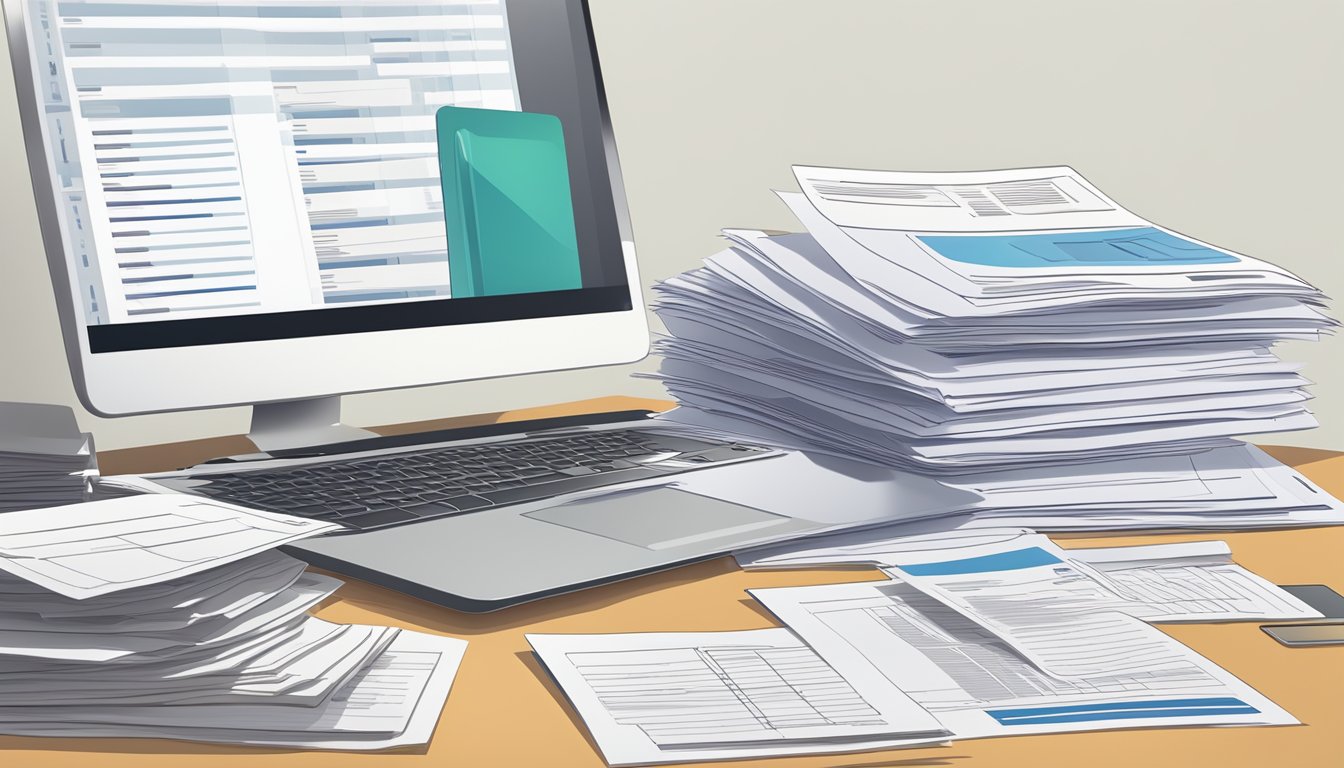 A stack of official documents and forms neatly arranged on a desk, with a laptop open to the HLE application website