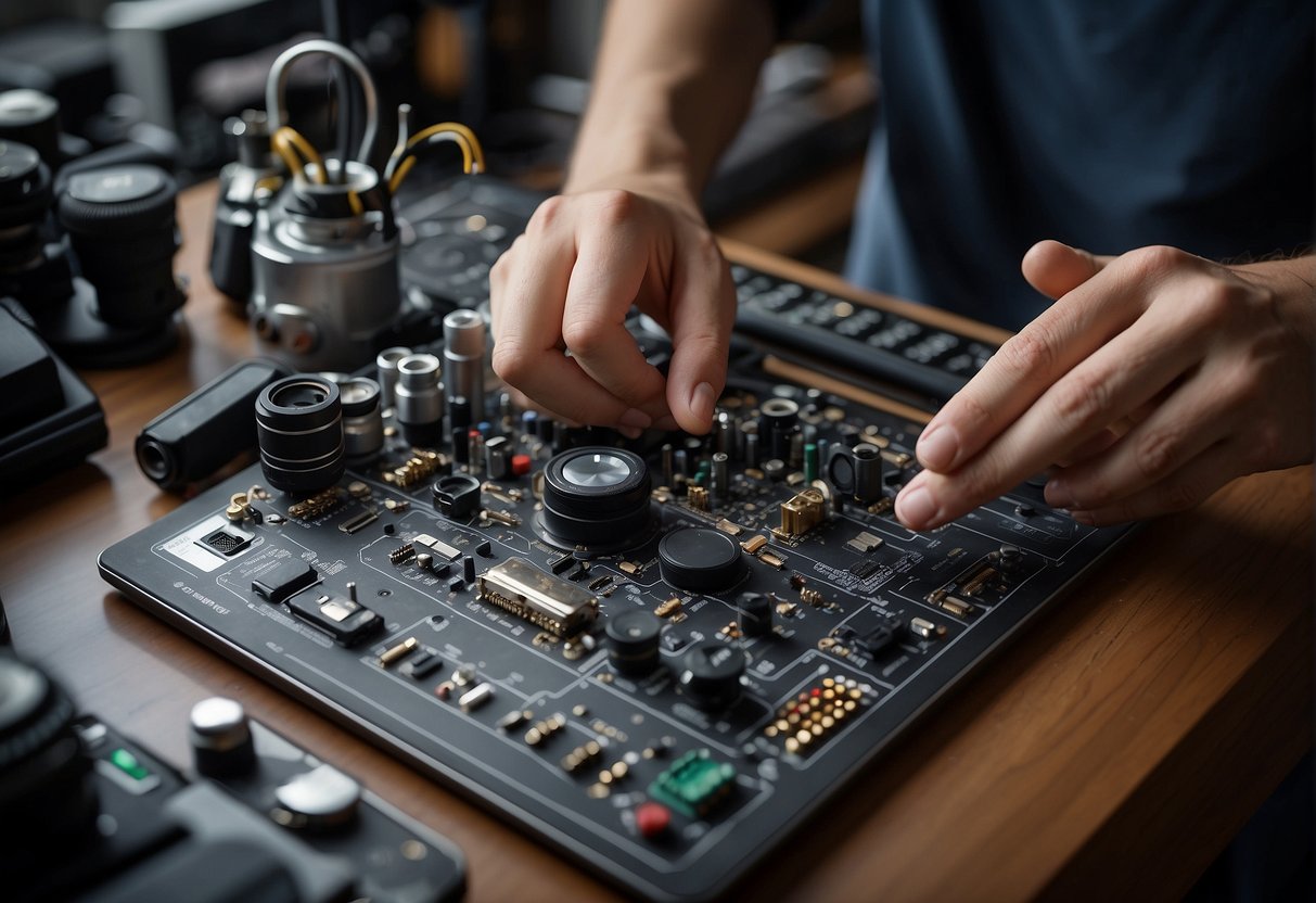 A table with various technical gadgets and tools scattered around, with a person's hand reaching for one of the items