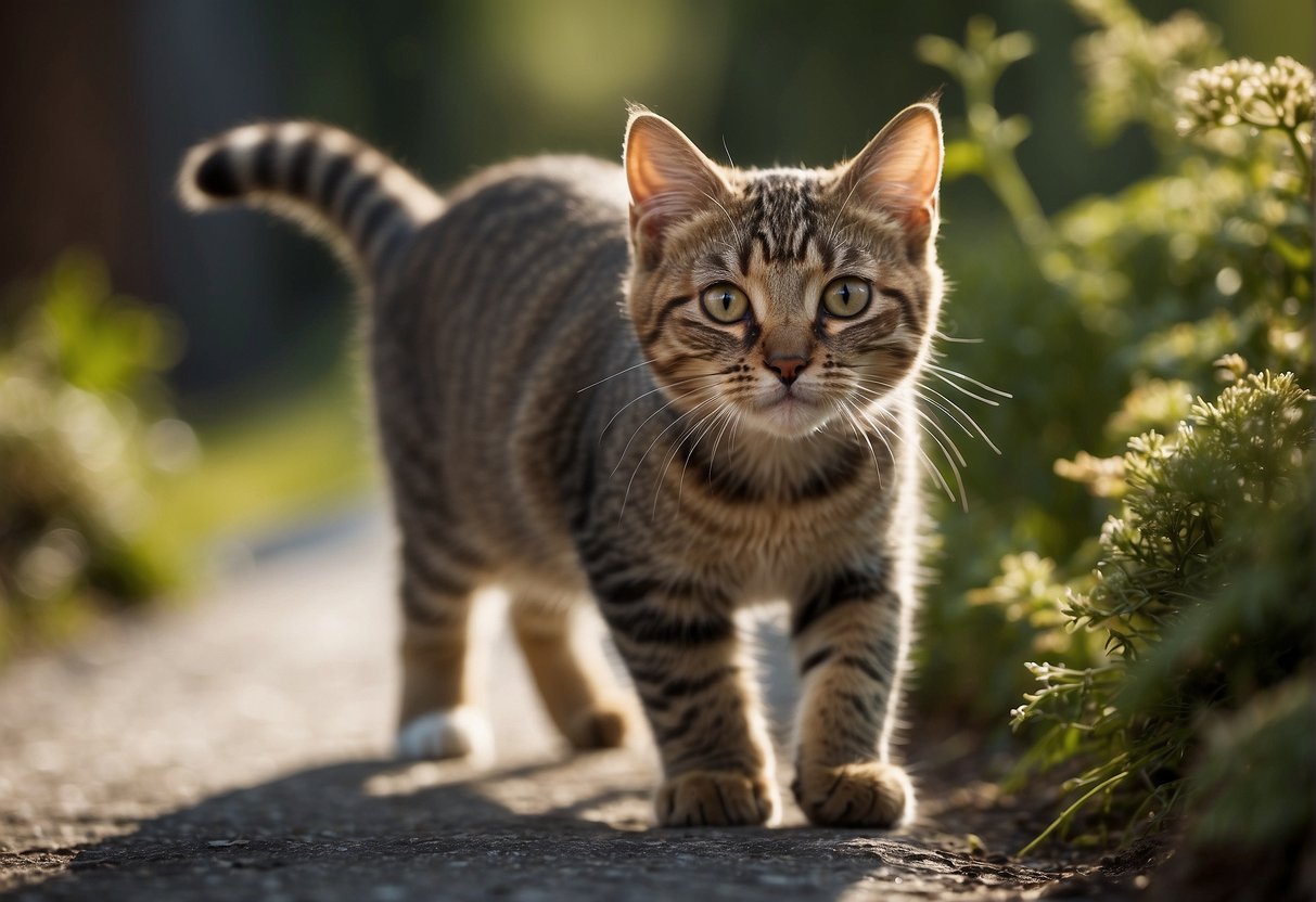 A young cat explores its surroundings, showing signs of increased energy and curiosity. Its body may appear more muscular, and it may exhibit behaviors associated with mating readiness