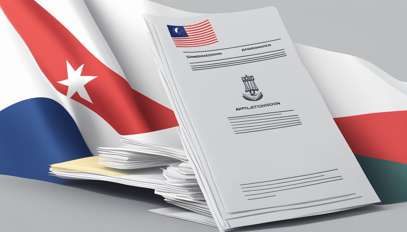 A stack of application documents with a Singaporean flag in the background