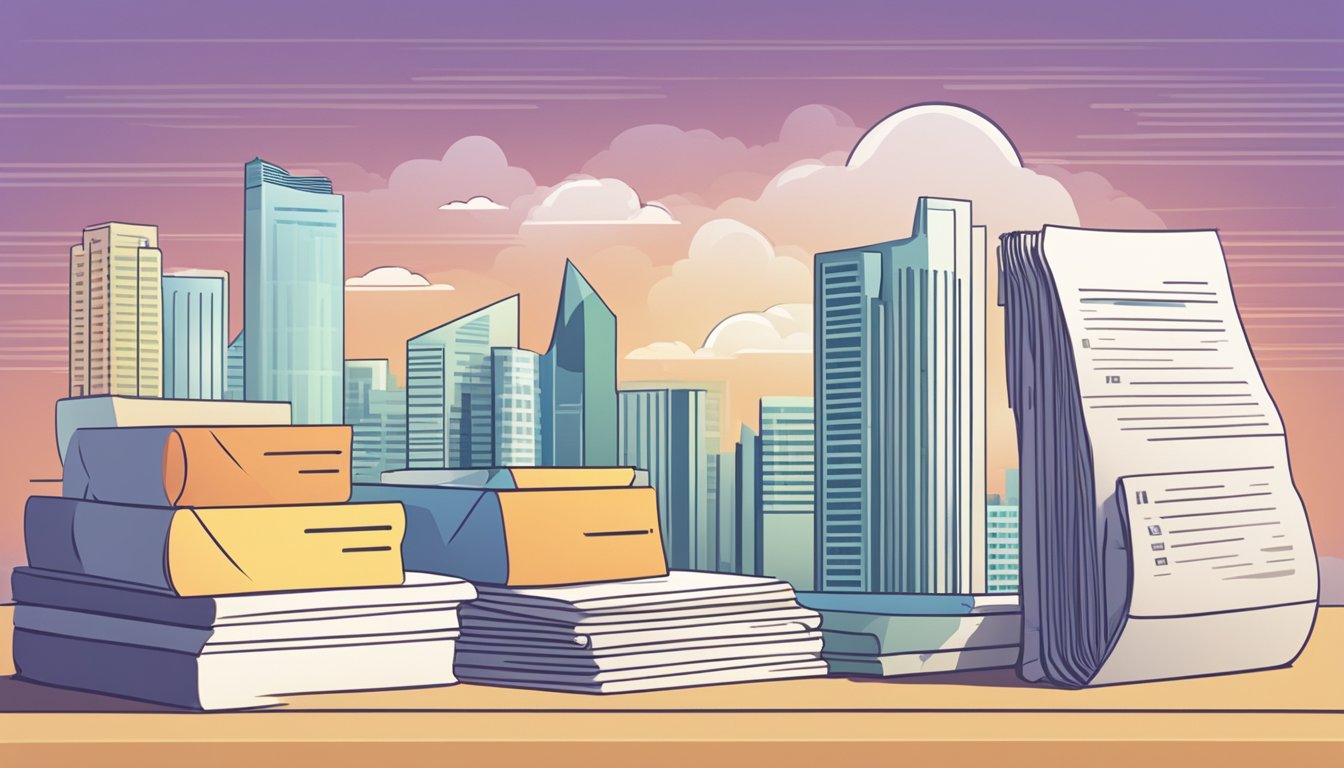 A stack of paper documents with "Frequently Asked Questions" printed on top, set against the backdrop of the Singapore skyline