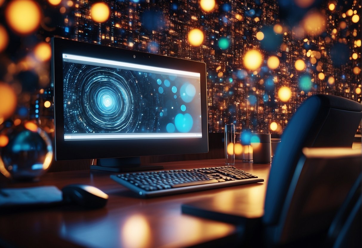 A computer generating abstract art using AI algorithms, surrounded by various alternative art styles and techniques