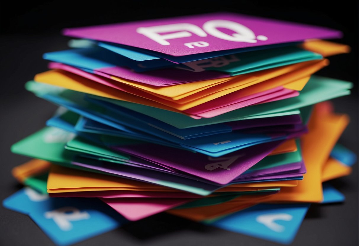 A stack of colorful FAQ cards with bold titles and clear answers, surrounded by floating question marks