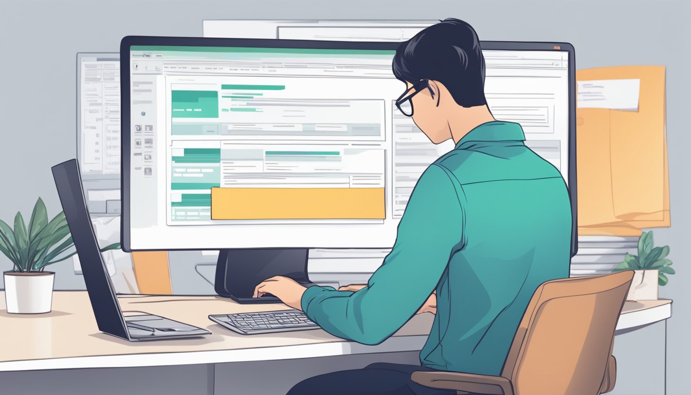 A person fills out forms on a computer, submits documents, and receives updates on their HLE application status in Singapore