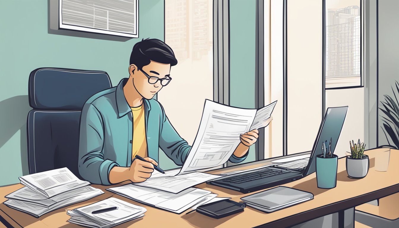 A person sits at a desk, reviewing documents related to their HDB flat purchase and HLE application status in Singapore. A calculator, pen, and laptop are visible on the desk