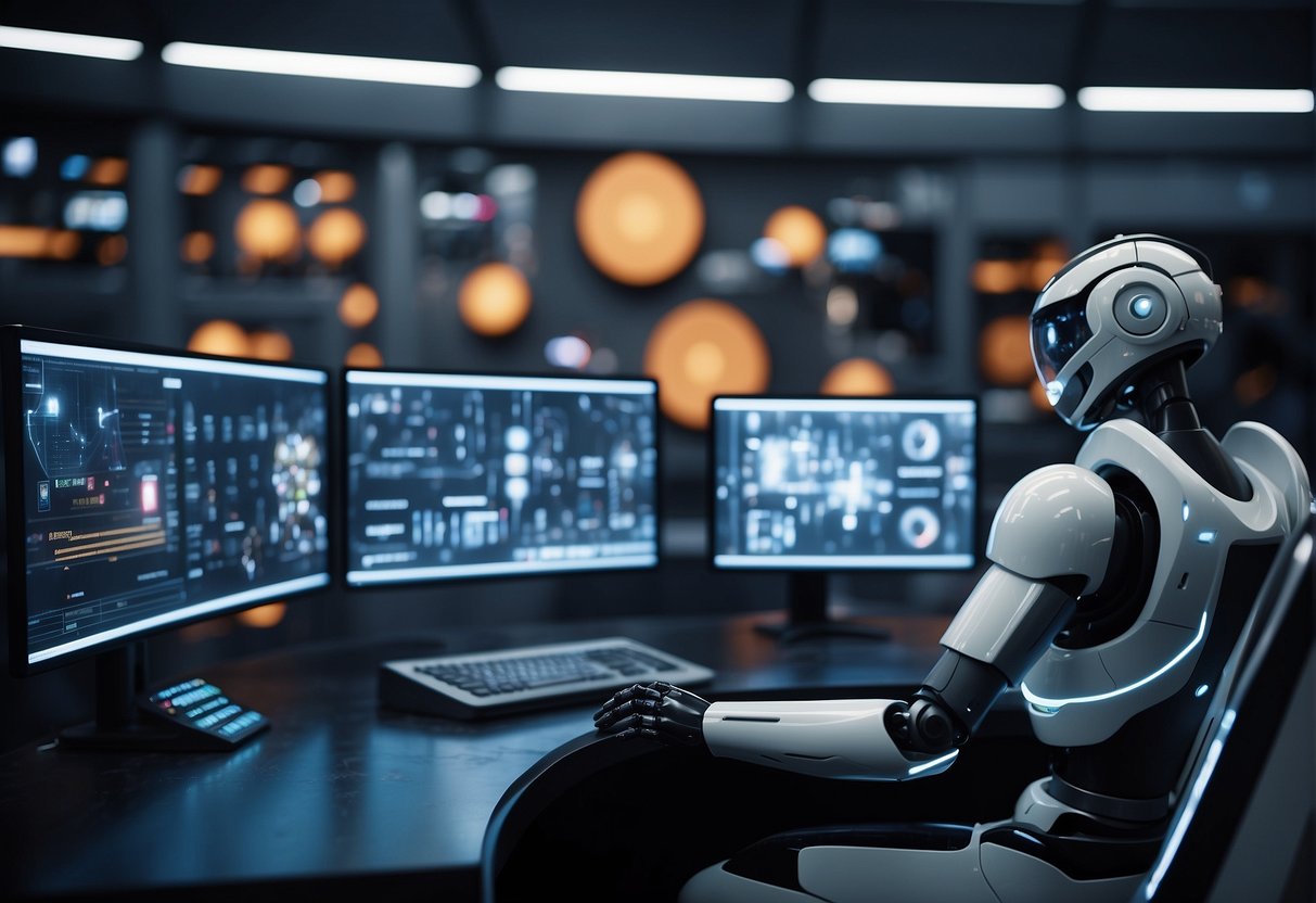 A futuristic room with multiple computer screens displaying various AI options, while a robotic arm hovers over a central control panel
