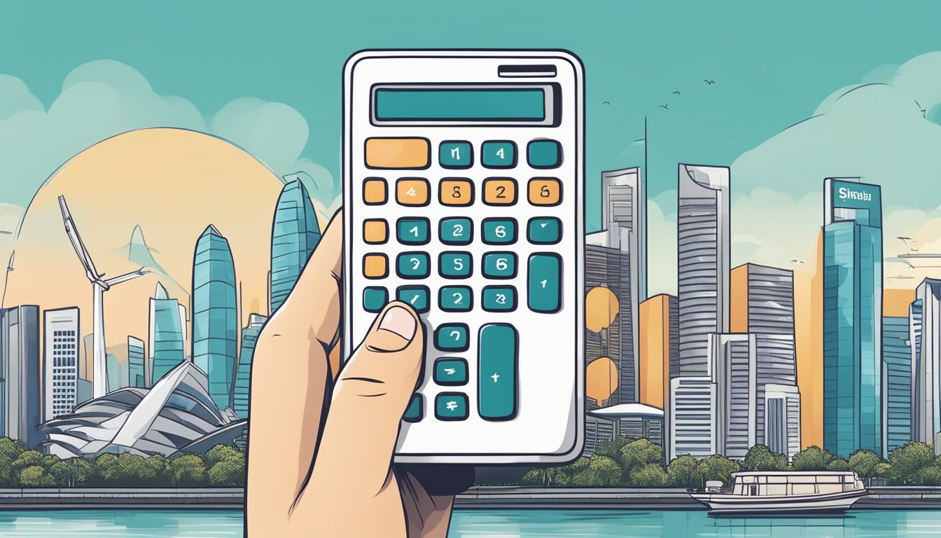 A hand holds a calculator against a backdrop of Singapore's skyline