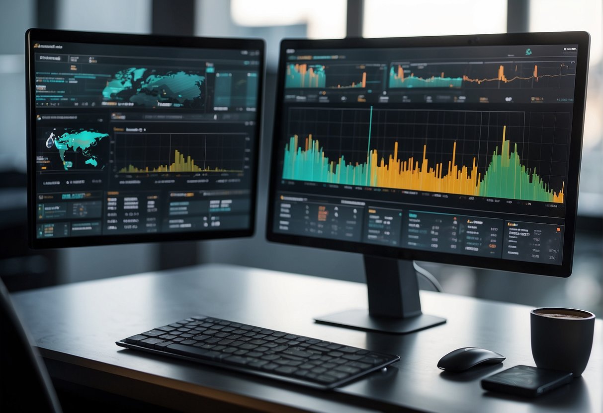 A computer screen displays various AI platforms for design and business, including Leonardo AI alternatives. Graphs and charts show performance metrics