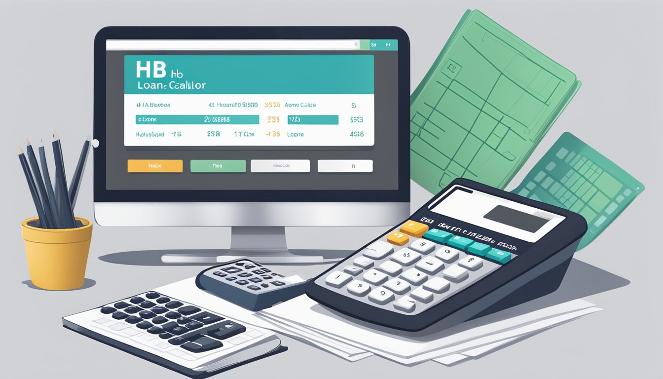 A calculator sits on a desk, surrounded by paperwork and a laptop. The screen displays the HDB loan HLE calculator website, with numbers being inputted