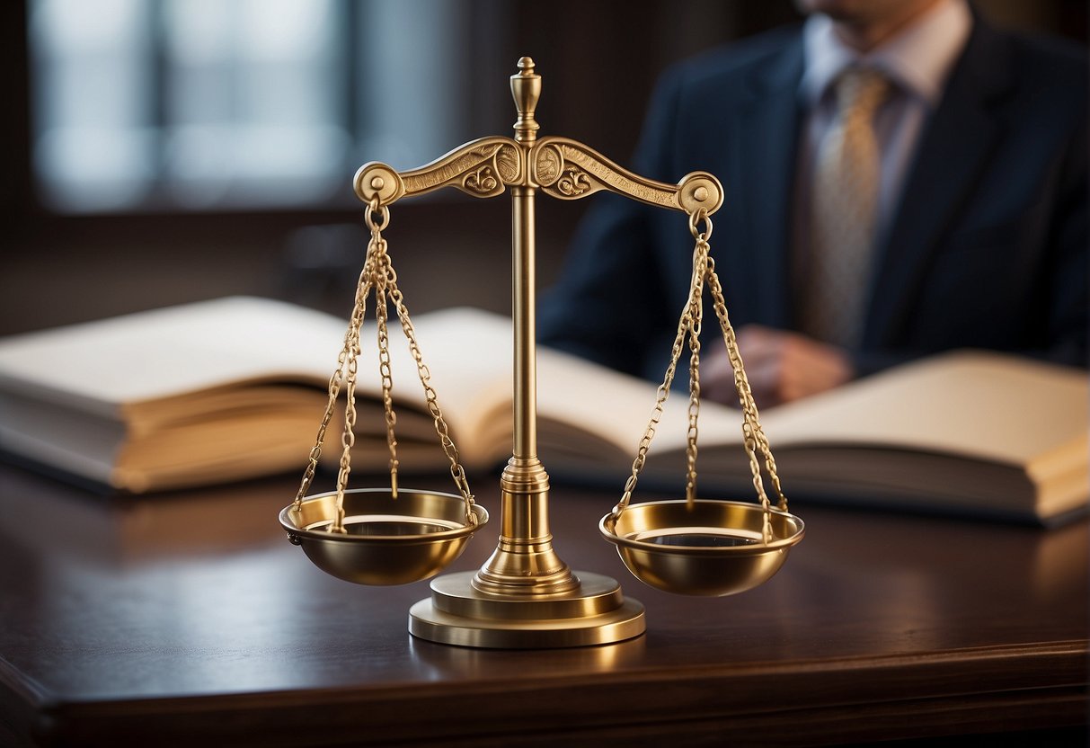 A scale balancing legal documents and ethical principles with Leonardo AI alternatives in the background