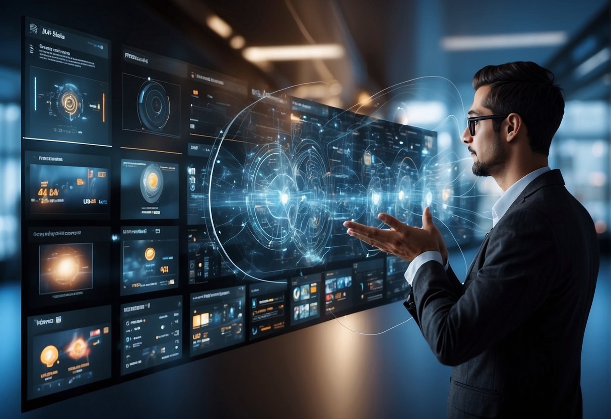 A user interacts with various AI platforms, comparing features and interfaces