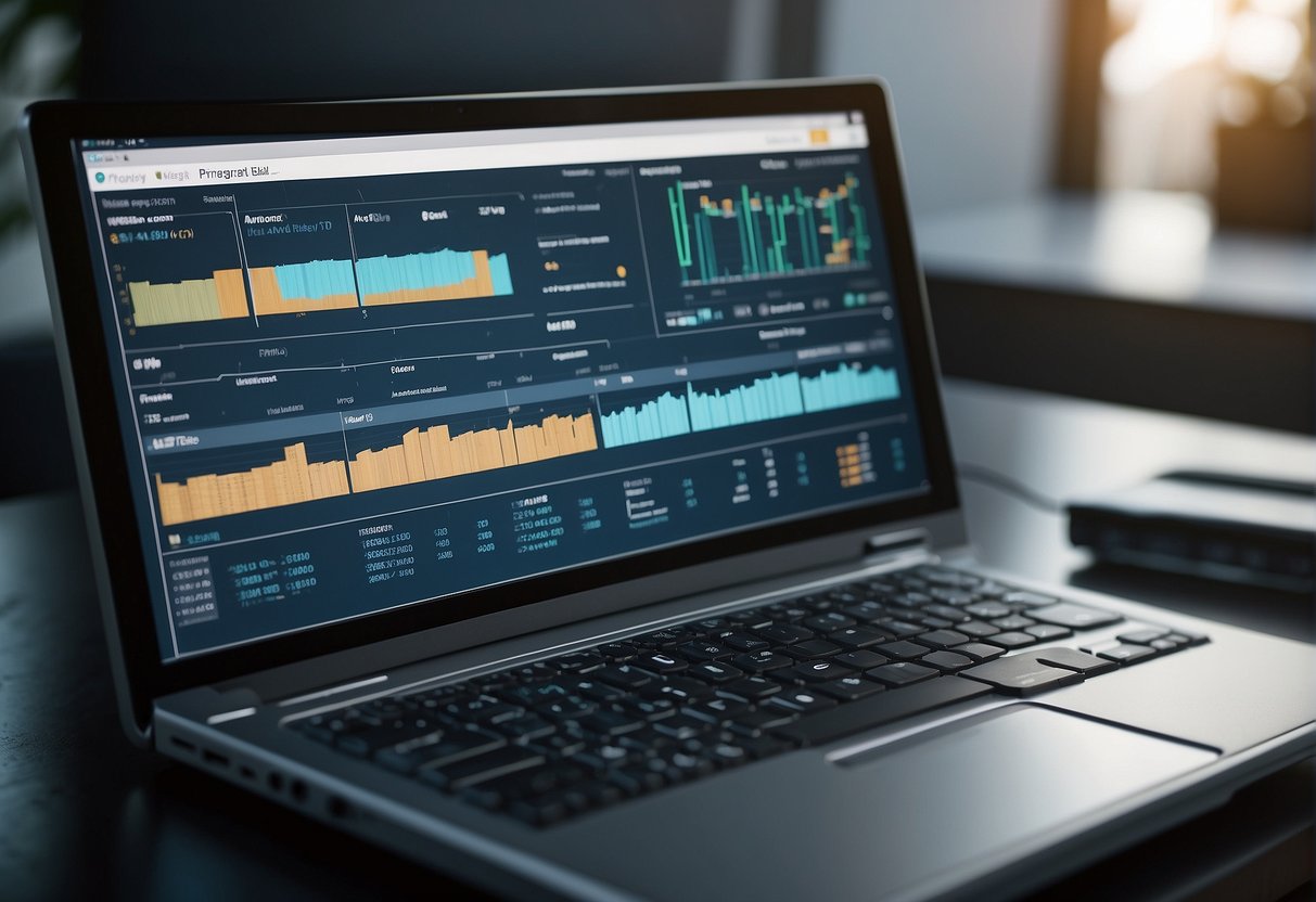 A table with various pricing and plan options for Leonardo AI alternatives, with charts and graphs displayed on a computer screen in the background