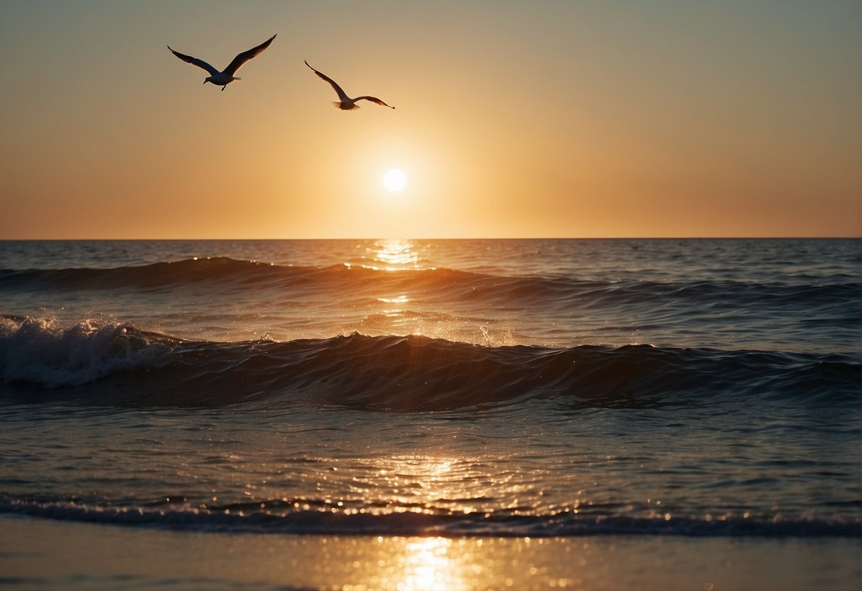 The sun is high in the sky, casting a warm glow over the calm, blue sea. The air is filled with the sound of seagulls and the scent of saltwater, creating a perfect setting for a refreshing swim