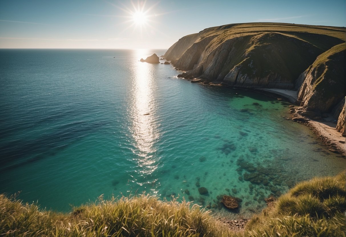 The sun shines brightly over the calm, turquoise waters of the UK coast in the summer, creating the perfect conditions for sea swimming