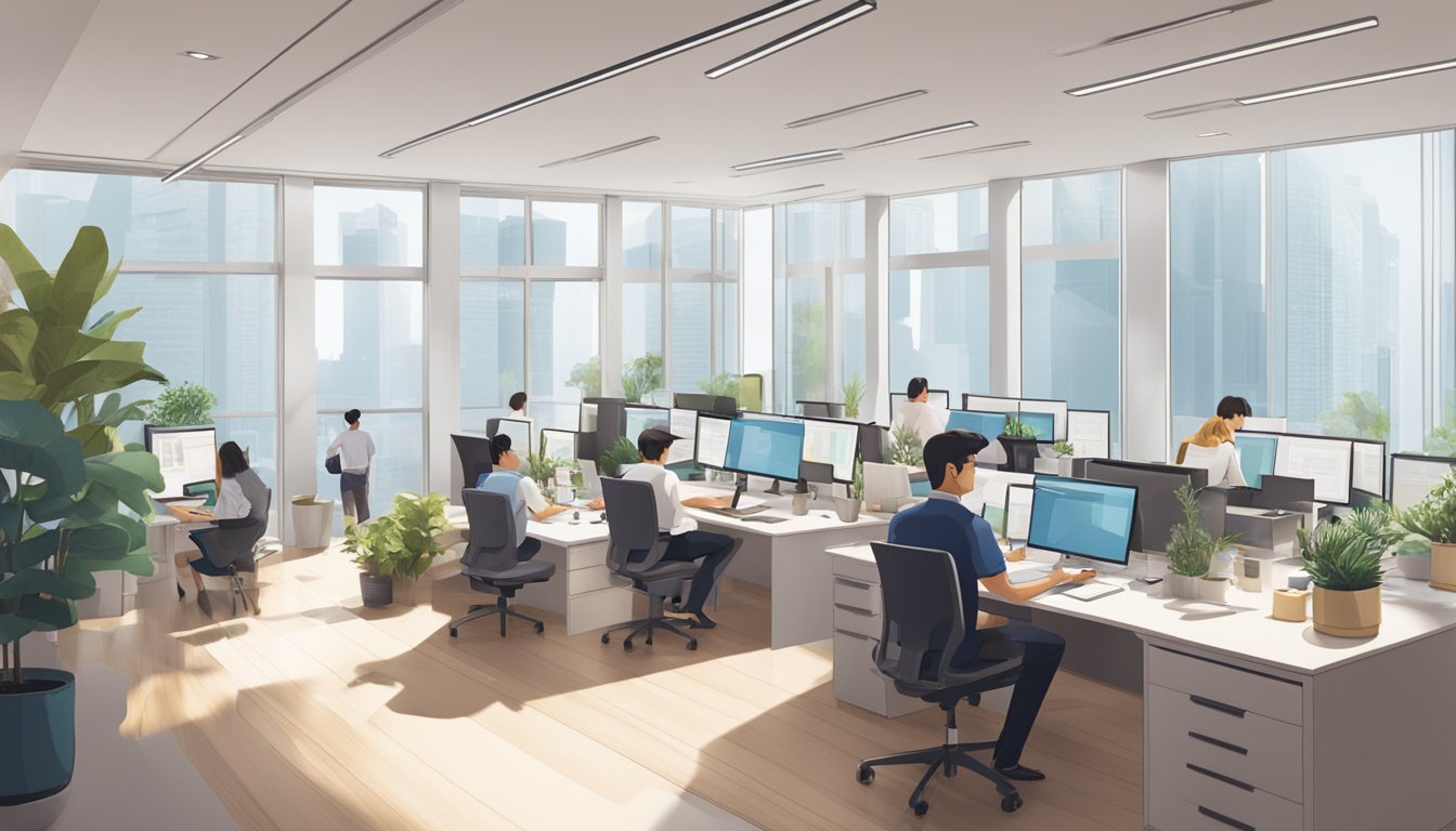A bustling office in Singapore, with employees working at their desks and discussing eligibility criteria. The room is filled with natural light and modern decor