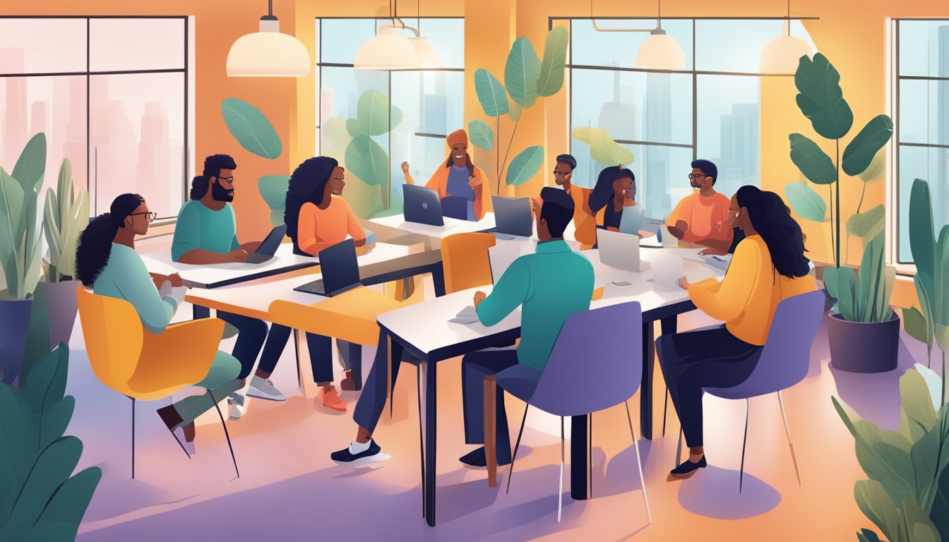 A group of diverse individuals engaging in meaningful conversations, sharing ideas, and collaborating on projects in a modern and vibrant co-working space